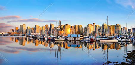 Vancouver skyline panorama at sunset, British Columbia, Canada