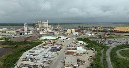 Wood processing factory manufacturing yard. Brunswick cellulose and paper plant in Georgia, USA. Paper mill factory