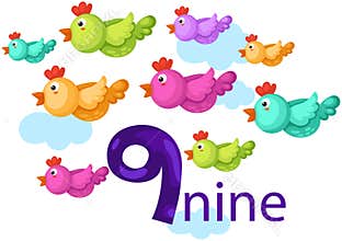 Number 9 character with birds