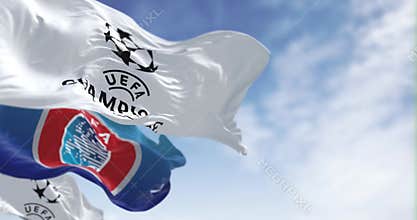 UEFA and UEFA Champions league flag waving together