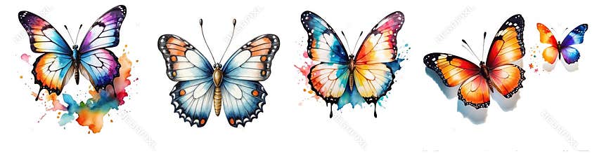 set of beautiful watercolor butterfly clipart on white background