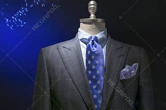 Gray Checkered Jacket With Checkered Shirt, Blue Polka Dots Tie