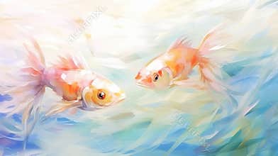 Exotic fish light background. Transparent watercolour. Pastel colour palette. Generative AI