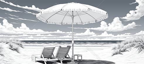 Beach with umbrellas and sun loungers cartoon style black and white character for coloring book
