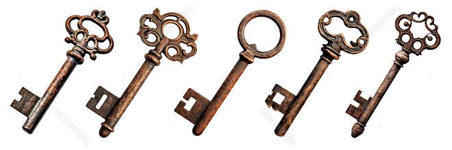 An set of different keys made of copper and rusty is cut out on a transparent background close-up. Keys for opening the