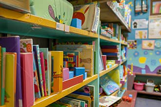shelves lined with colorful childrens books and toy blocks