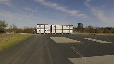 Migrant camp for refugees from Ukraine in Munich, Germany. Temporary shelter for war asylum seekers in germany