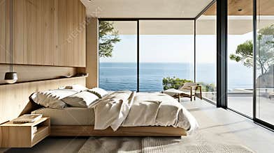Minimalist bedroom interior with ocean sea view. Modern coastal interior. Summer, travel, vacation, dreams holiday