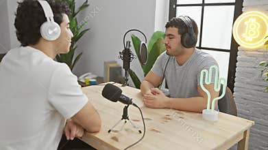 Two men podcasting in a studio with microphones and a bitcoin neon sign