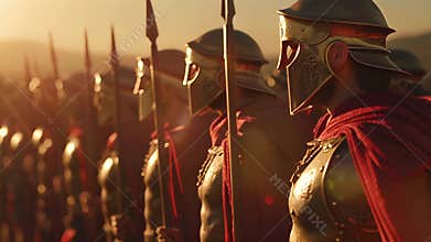 A group of Spartan Hoplites stand in formation their red cloaks and bronze armor gleaming in the sunlight. They are a