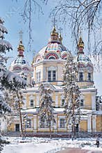 Russian Orthodox Ascension wood cathedral in Panfilov park, Almaty, Kazakhstan