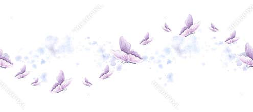 Butterflies delicate violet on blue splashes, seamless border, pattern. Spring horizontal banner. Hand drawn watercolor
