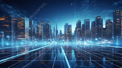 Futuristic city at night with bright lights