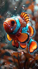 A fish with blue and orange colors swimming in water. Generative AI