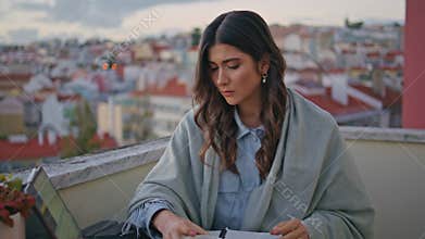 Lady author holding tea working panorama terrace closeup. Girl using laptop