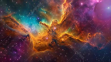 This photo depicts a vibrant expanse of space adorned with countless stars shining brightly, Astro-art depicting a nebula cloud in
