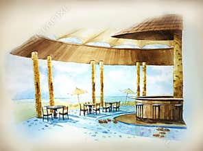 Water color resort by the beach illustration