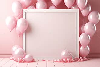 Greeting card with empty frame and pink balloons for birthday or celebration events. Generative AI