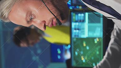 Workplace of the air traffic controllers in the control tower. Team of professional aircraft control officers works