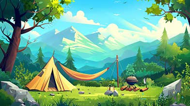 Animated modern illustration of a summer mountain camp with tent and hammock hanging from a tree with camping equipment