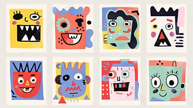 Funny cute cartoon characters set with abstract funny style. Eccentric bizare weird fancy faces. Colorful flat cartoon