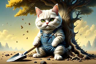 A plump cat gardener with a shovel and a tree.
