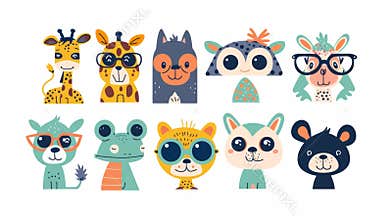 Funny cartoons with cute animal characters. Sassy modern avatars with cartoon giraffe, frog, cat, dog, monkey faces