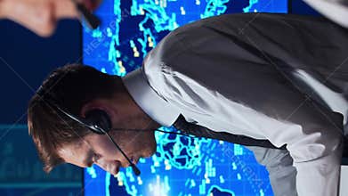 Workplace of the air traffic controllers in the control tower. Team of professional aircraft control officers works