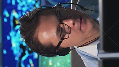 Workplace of the air traffic controllers in the control tower. Team of professional aircraft control officers works