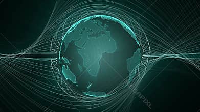 Loopable animation of spinning hologram of the Earth and glowing lines moving through globe sphere on a dark blue background