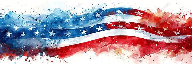 Watercolor illustration of the American flag. Fluid blend of red, white, and blue. Concept of American culture