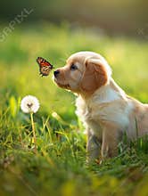 Curious puppy observing a butterfly on a dandelion, surrounded by lush green grass in soft sunlight.