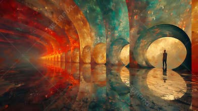 A labyrinth of mirrors with a person gazing at their own reflection symbolizing the inner struggle and search for