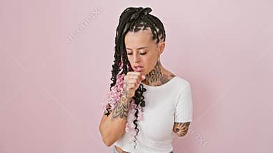 Courageous hispanic amputee woman battling cold, persistently standing, coughing over isolated pink wall hinting bronchitis.