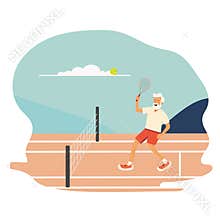 A man plays tennis. Active longevity