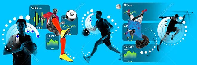 Male athletes of different sports in motion, training on blue background with digital tracking app element. Contemporary