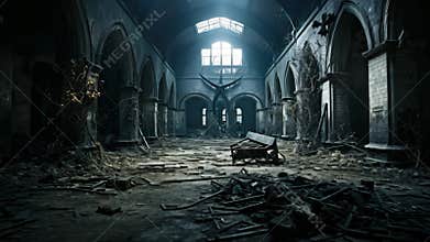 A dimly lit room filled with various objects and waste spread out all over the floor, A haunting image of an abandoned asylum, AI