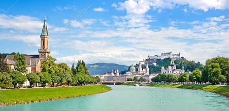 Salzburg skyline with Festung Hohensalzburg and river Salzach, Salzburger Land, Austria