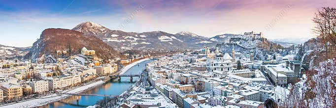 Panoramic view of the city of Salzburg in winter, Austria