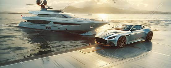Sports car on a yacht deck with the ocean and a moving yacht in the background, luxury lifestyle concept