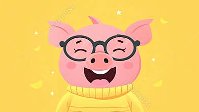 A cartoon pig wearing glasses and a yellow sweater is smiling