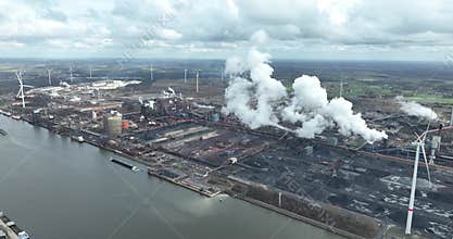 erial drone view on the metal production blast furnacs of Ghent, Belgium. Production of steel and metal products. Heavy