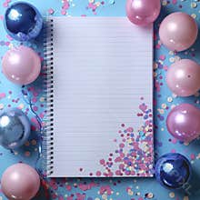 Invitation card mockup, lined sheet of paper and pink with blue balloons.