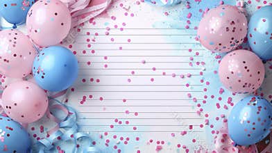 Invitation card mockup, lined sheet of paper and pink with blue balloons.