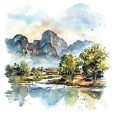 Vietnam A painting of a mountain range with a river and houses in the valley. The mood of the painting is peaceful and