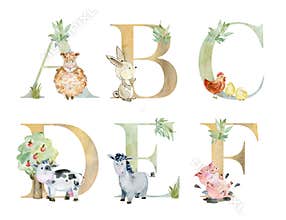 Watercolor farm animals letters.