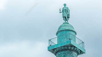 Vendome column with statue of Napoleon Bonaparte on the Place Vendome timelapse. Paris, France.