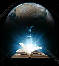Glowing book with earth