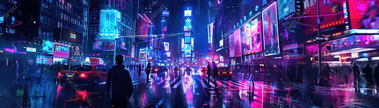 Computerized dreams blend with scifi city life, boundless virtual landscapes, neon night , photographic style