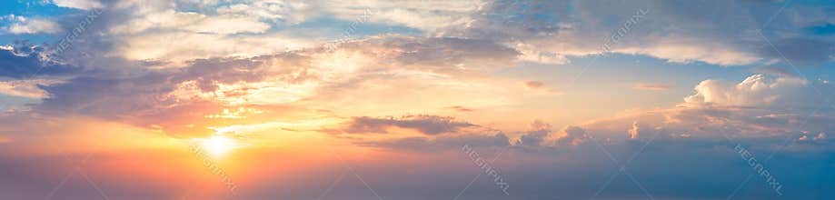 Gentle real sky with sun - Pastel colors - Panoramic Sunrise Sundown Sanset Sky with colorful clouds. Real phot
